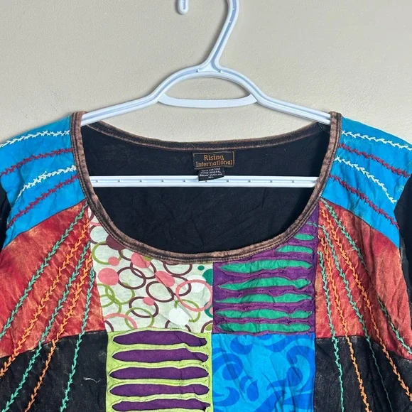 Rising International XL Patchwork Tunic Top Multicolor Scoop Neck Blouse - Picture 3 of 5